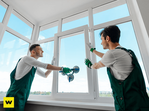 Zwei Handwerker montieren ein großes Fenster mit Spezialwerkzeug in einem modernen Raum.