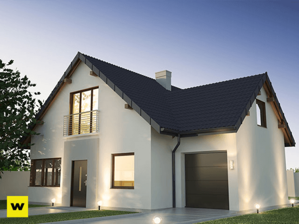 Modernes Einfamilienhaus mit Satteldach, Garage und Garten bei Sonnenuntergang.